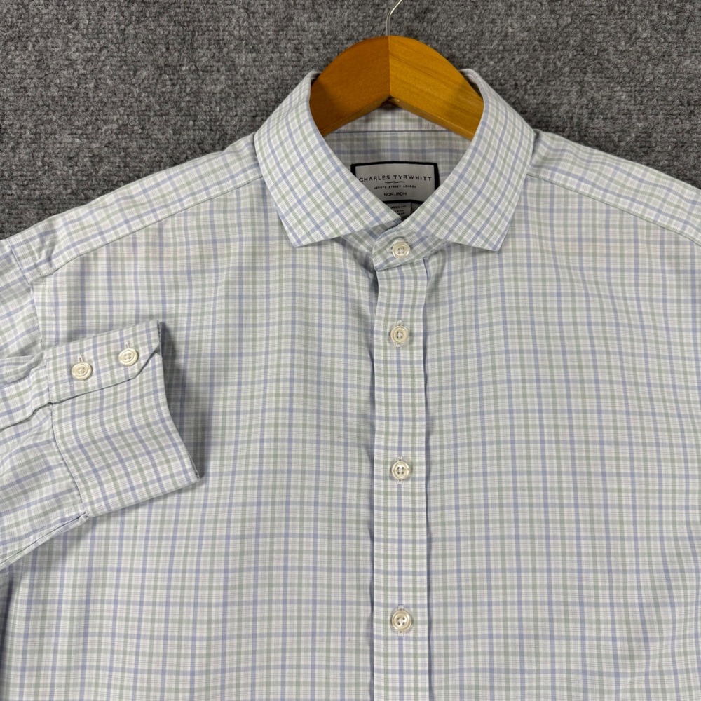 Charles Tyrwhitt Classic Fit Dress Shirt Men 17/37 Blue Green Plaid Cotton